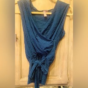 Sweet Pea faux wrap sleeveless mesh Teal polka dot draped goddess top MED